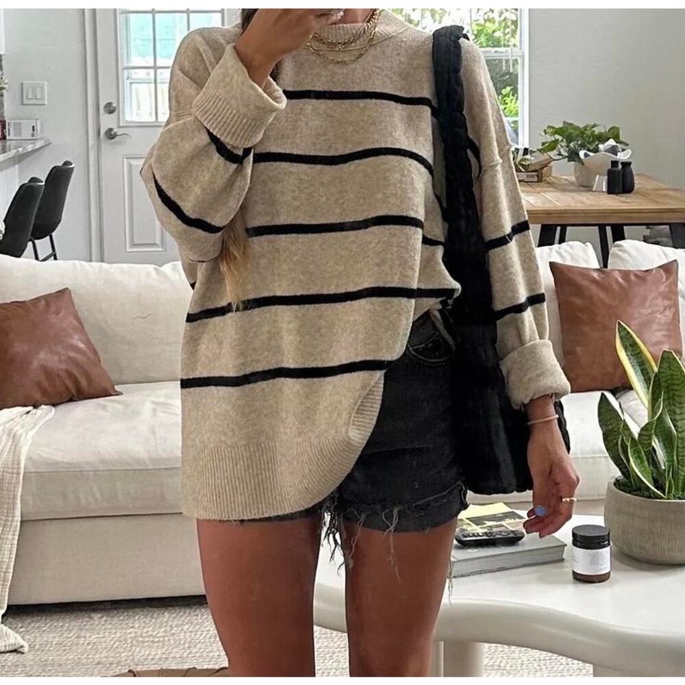 Aerie Beige Black Striped Soft Knit Crewneck Sweater XS Oversized